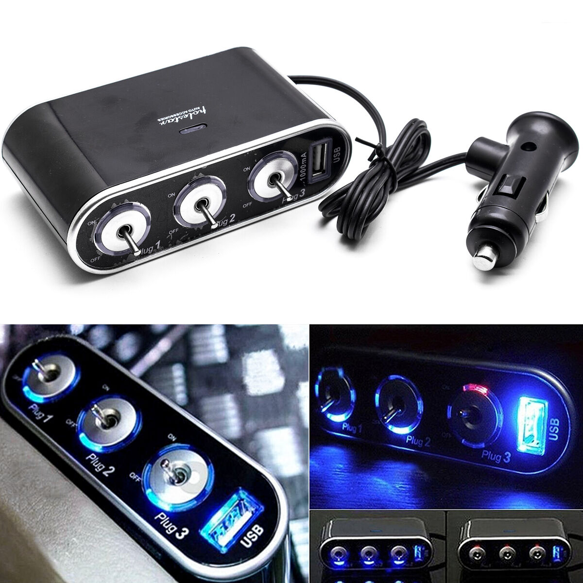 Divisor de encendedor de cigarrillos DTS de 3 tomas con USB (interruptor de encendido y apagado)